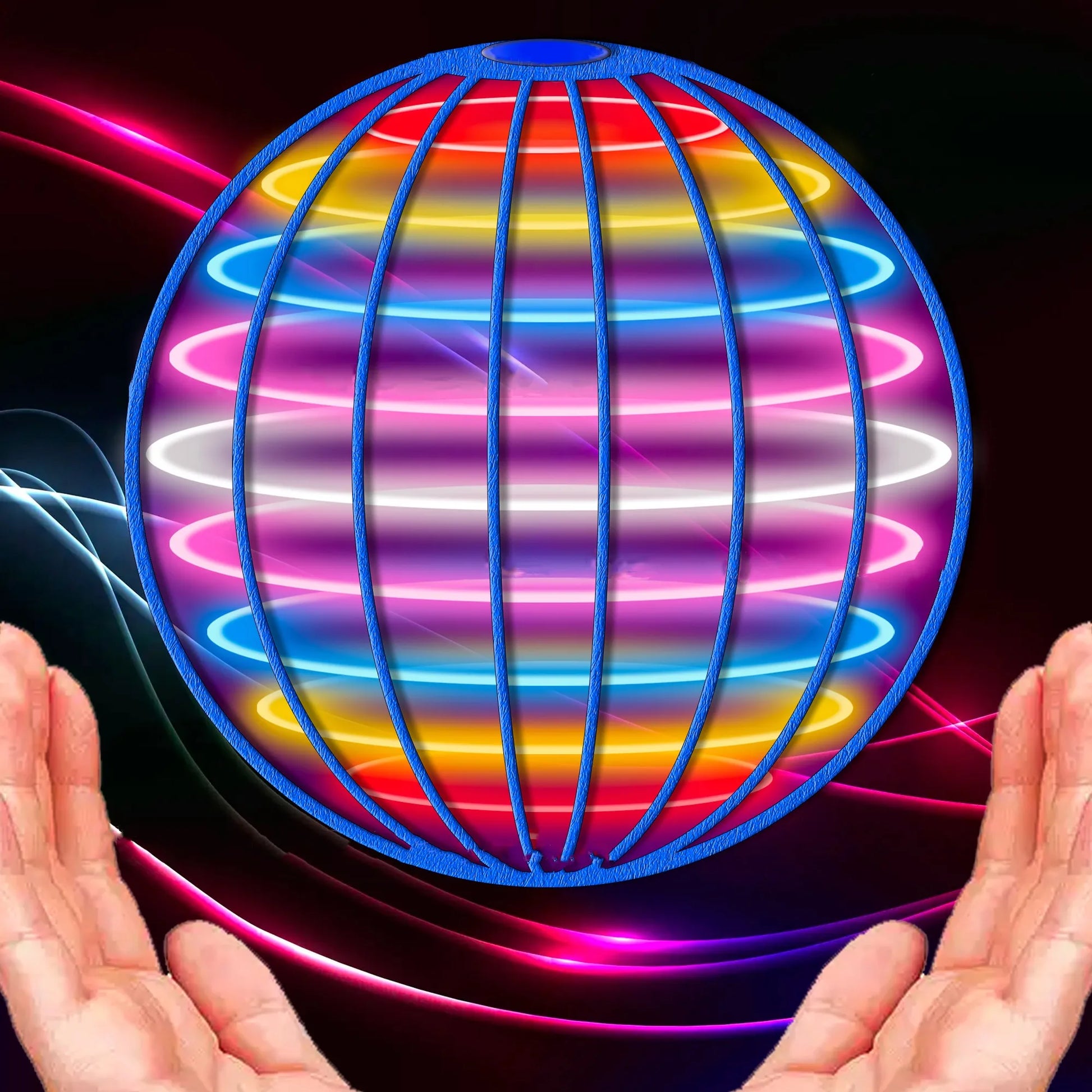 Colorful LED ball held between two hands against a dark background