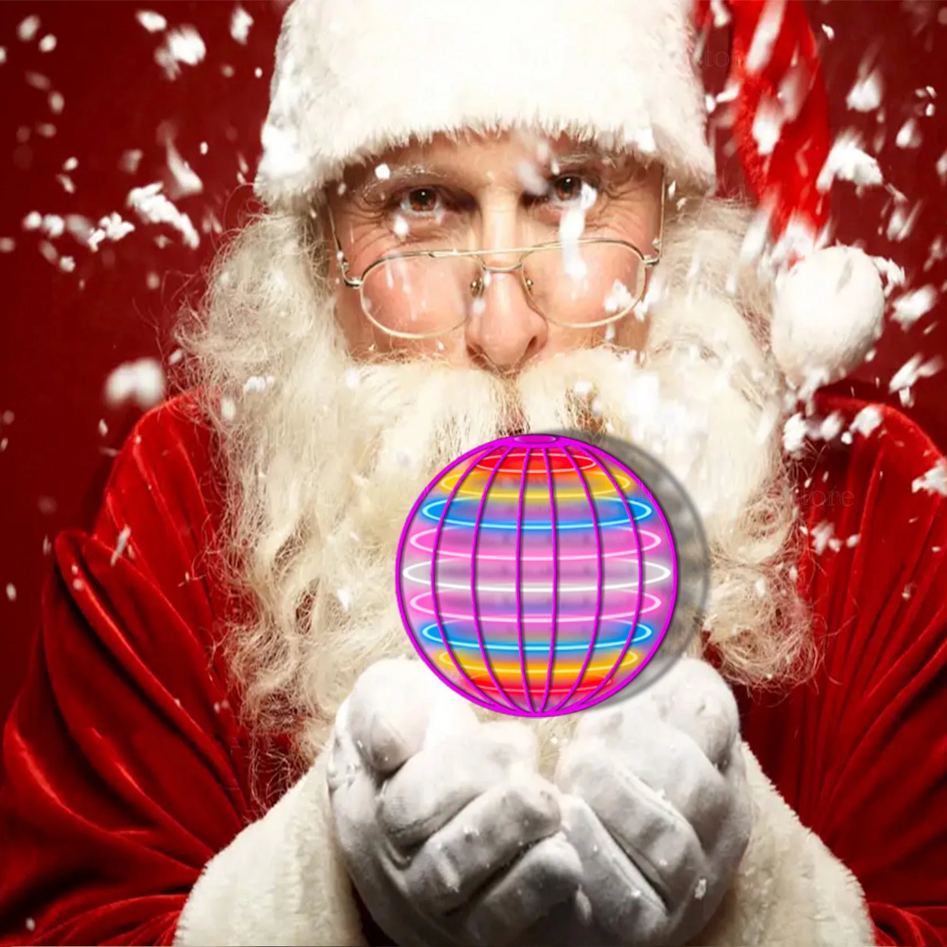 Santa Claus holding a colorful disco ball against a red background with snow effects