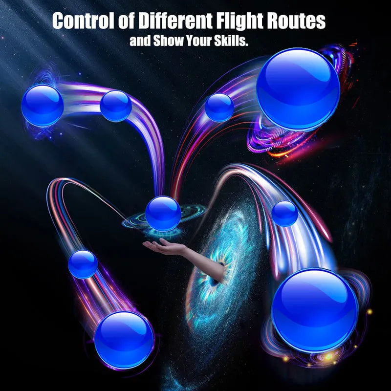 Abstract design with blue spheres and colorful paths against a dark background, featuring text about flight routes.