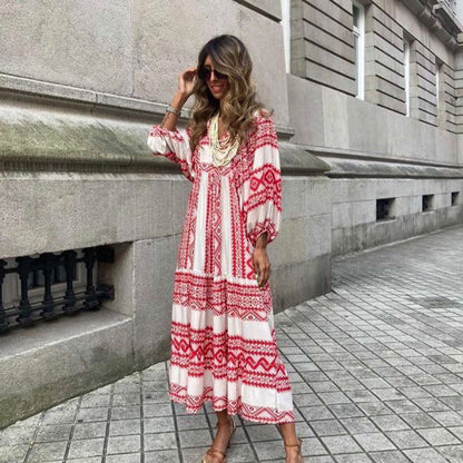 Women’s Summer Bohemian Dress – Vintage Printed, Casual Loose V-Neck, Short Sleeve, Long Elegant Dress
